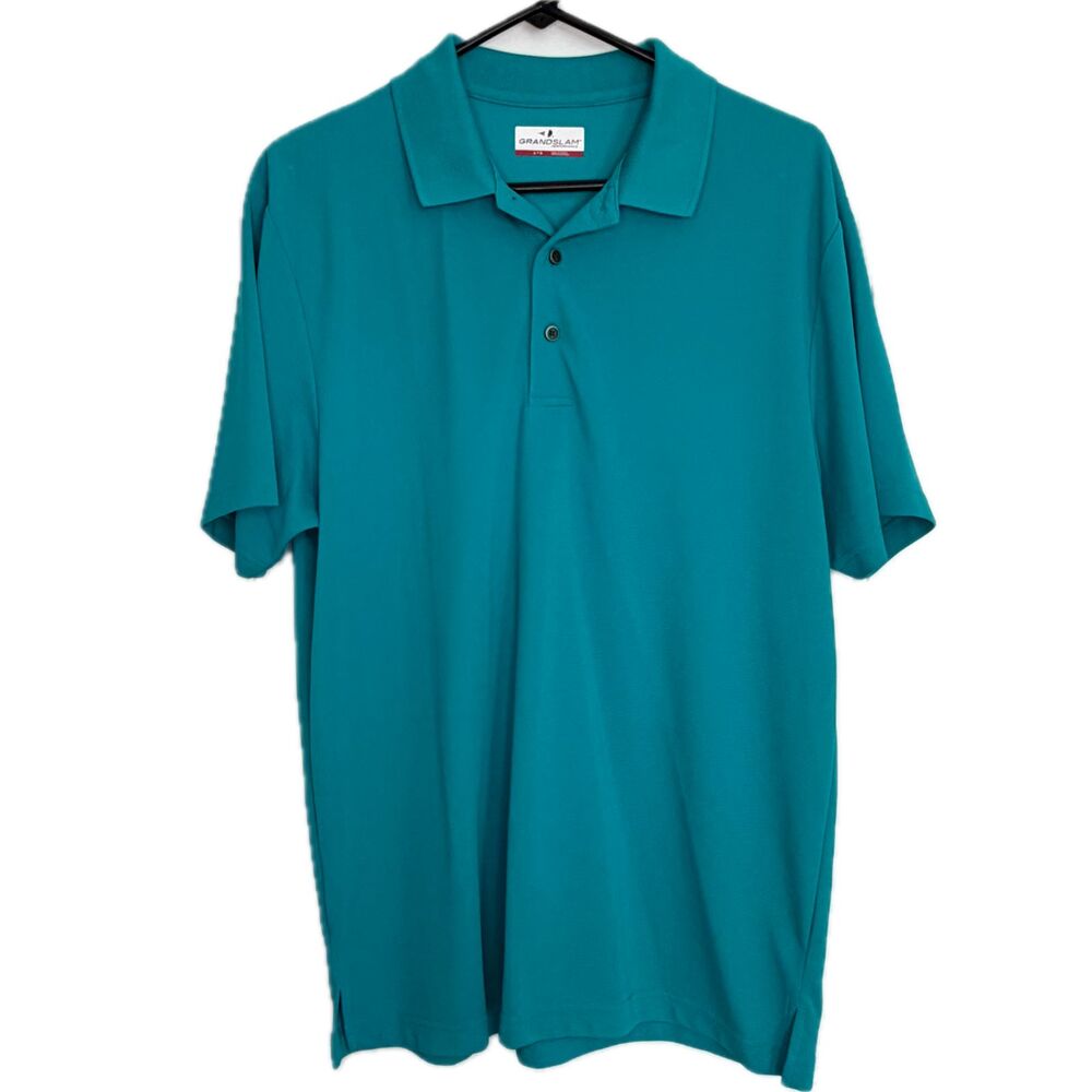 Grand Slam Performance Mens L Blue Teal Golf Polo Collared Shirt Short Sleeve